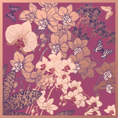 Tropische Blumen, Orchideen und Schmetterlinge. Vintage-Muster. Vektor. © marinavorona