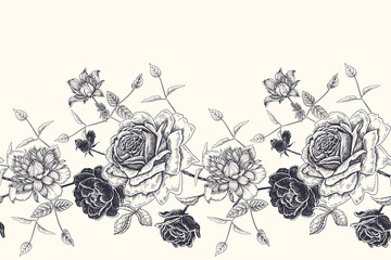 Nahtloses Schwarzweiss-Blumenmuster. Blumenrand. Vektor. © marinavorona