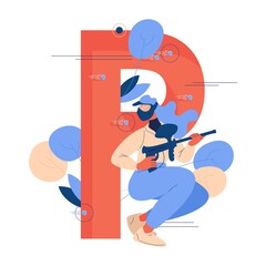 Capital letter P and woman hiding during paintball game isolated on white. Concept illustration good for extreme sport club