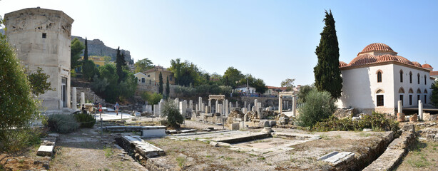 Panoramic view of the main monuments and places of Athens (Greece). Ruins of the ancient Roman...