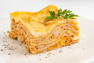 meat lasagna on the white background