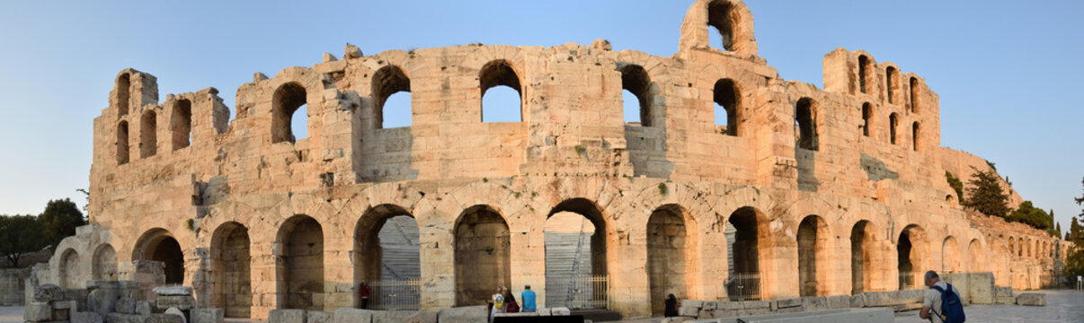 Panoramic view of the main monuments and places of Athens (Greece). Ruins of the Theater of Dionysus or Herod Attic, below the Acropolis
