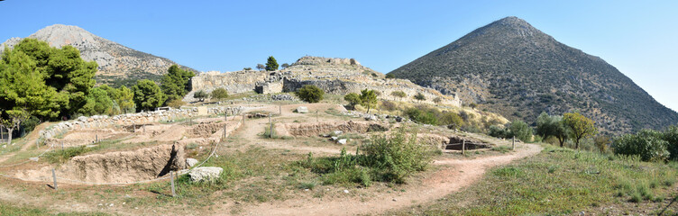 Panoramic view of the main monuments and places of Greece. Ruins of Mycenae, ancient city of Agamemnon
