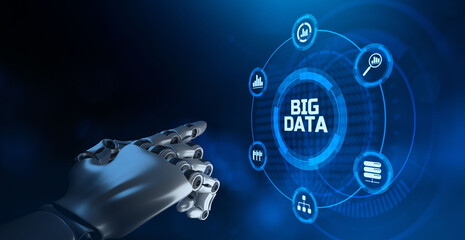 Big data analytics innovation information technology concept. Robotic arm 3d rendering.