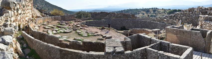 Panoramic view of the main monuments and places of Greece. Ruins of Mycenae, ancient city of...