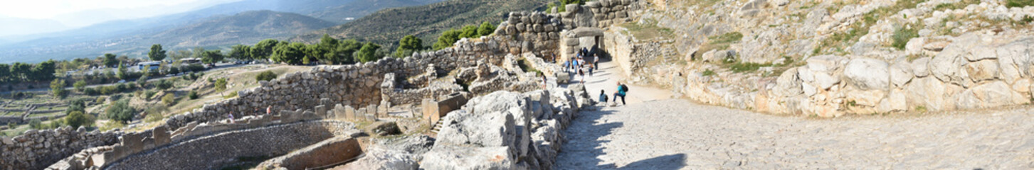 Panoramic view of the main monuments and places of Greece. Ruins of Mycenae, ancient city of...