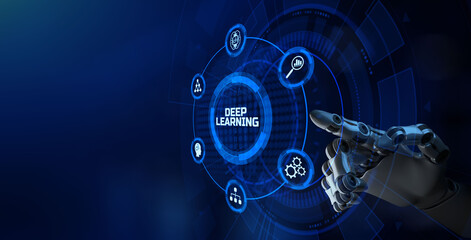 Deep learning artificial intelligence innovation technology concept. Robotic arm 3d rendering.