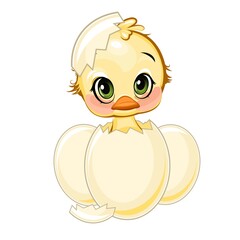 A little duckling hatched from an egg. Funny chick. Cute and funny baby bird. The isolated object on a white background. Illustration. Cartoon style. Vector