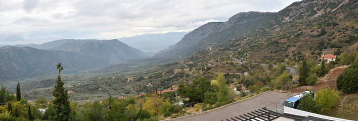 Panoramic view of the main monuments and places of Athens (Greece). Mount Parnassus, Delphi
