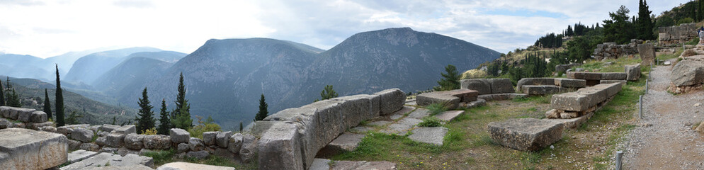 Panoramic view of the main monuments and places of Athens (Greece). Ruins of ancient Delphi.
