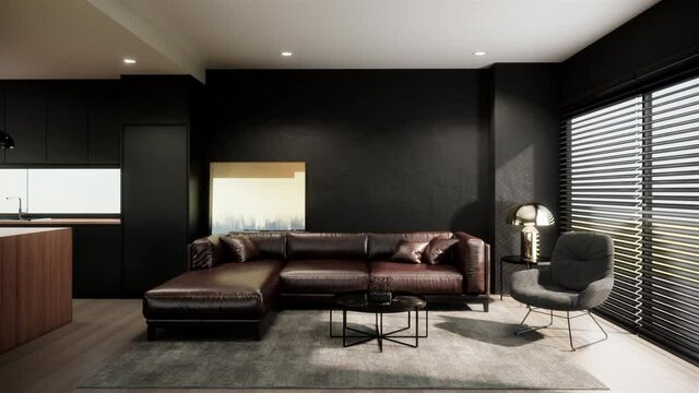 modern retro room interior with leather sofa, contemporary apartment concept, time lapse video 4k 3d animation