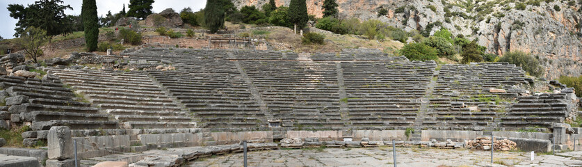 Panoramic view of the main monuments and places of Athens (Greece). Ruins of ancient Delphi....