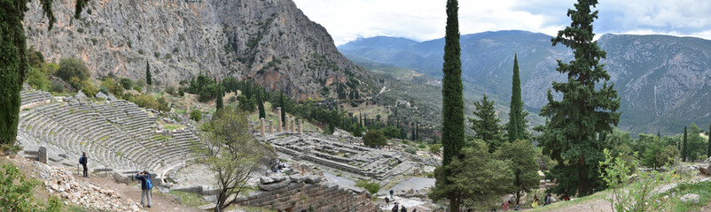 Panoramic view of the main monuments and places of Athens (Greece). Ruins of ancient Delphi....