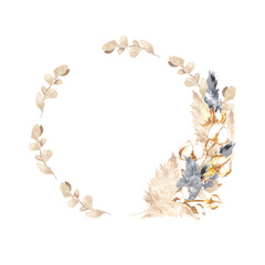 Watercolor round frame with pampas grass, eucalyptus and dry cotton twigs. A beautiful wedding wreath is perfect for printing, web design, souvenirs, scrapbooking and other creativity.