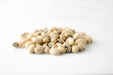 Black-eyed beans, also known as cowpeas on  white background.