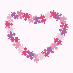 Valentine's Day holiday. Heart made from puzzle pieces on a light pink background. Banner, poster, postcard.