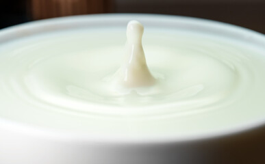 Milk drop falls into the filled cup.