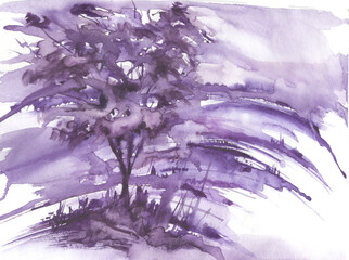 Watercolor vintage bush, a tree in , lilac, purple color. Abstract spots, shore, sky, watercolor landscape. Beautiful greeting card, logo, card, illustration.Windy day, paint splash
