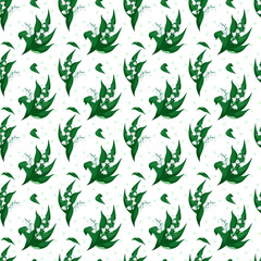 Lilly of the valley-May bells, Convallaria majalis with green leaves on a white background.Spring flowers.Seamless pattern.