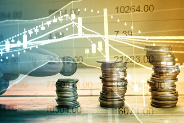 Fundamental and technical analysis for professional technical trading as concept. Digital graph of financial instruments with some indicators including of MACD. EMA and the volume analysis.