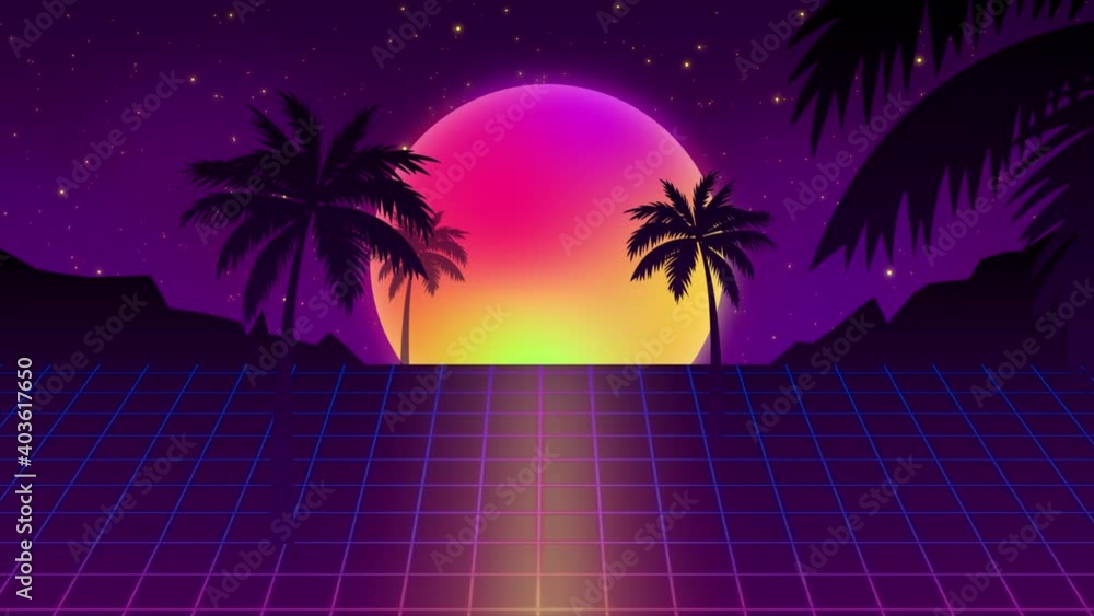 Poster synthwave wireframe net. sunset above the mountains. 80s style, retro futurism background. vhs intro