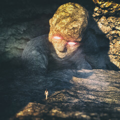fantasy cave environment with gigantic sculpture and soft focus background