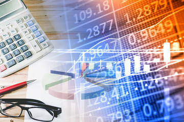 Fundamental and technical analysis for professional technical trading as concept. Digital graph of financial instruments with some indicators including of MACD. EMA and the volume analysis.