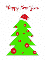 Happy New Year winter greeting card. Green Christmas tree in a red hat with Christmas decorations on a background of snow. Vector illustration.