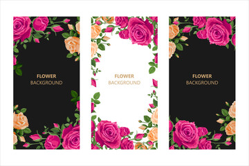 Vertical flower background with roses. Vector illustration, black, white background. Web banner, poster, flyer, greeting card for social media with Beautiful roses, leaves. Vintage, victorian style.