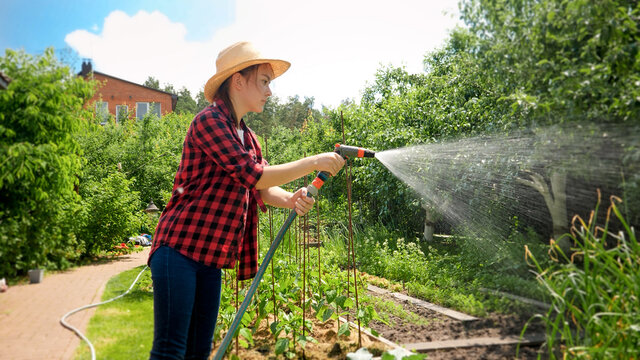 Young smiling girl watering garden from garden hose on hot summer day. Woman watering growing plants and working at backyard