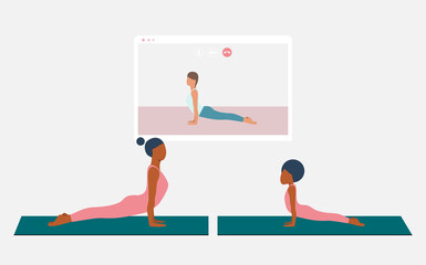 Naklejka premium Black mother and her daughter doing yoga pose dog face up and watching online yoga practice on TV or projector. Stay home concept. Home activity during quarantine. Online courses, education. Eps 10.