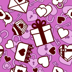 Seamless pattern with hearts, gifts, cake, calendar, letter, lock and key. Scrapbooking Elements for cards, prints, stickers, wallpaper, fabric, textile, gift paper. Love, wedding and Valentine's day