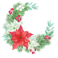  Christmas and New Year set with poinsettia, floral wreath, bouquets, red berries, and holly.