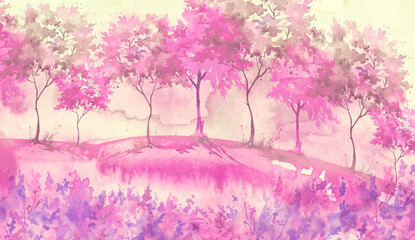 Fototapeta na wymiar watercolor postcard with wild flowers, pink plants. Watercolor background. Blossoming meadow, field, countryside landscape. pink Tree. Summer, Spring landscape. Silhouettes of forest. Blooming garden