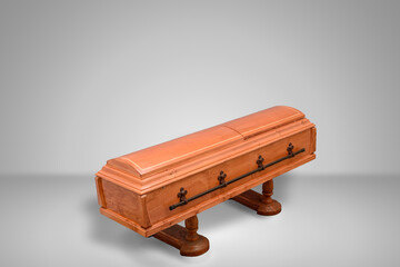 luxury wood coffin on a grey set