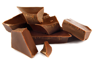 Pieces of chocolate are isolated on a white background.