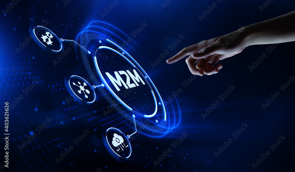 Poster m2m machine-to-machine technology concept. hand pressing button on virtual screen.