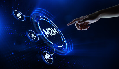 Fototapeta premium M2M Machine-to-machine technology concept. Hand Pressing button on virtual screen.