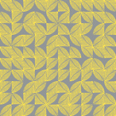 Vector leaves truchet geometric seamless pattern background. Yellow grey abstract backdrop with random tiled leaf veined shapes in monoprint block style. Modern botanical textural all over print.