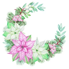 Foto auf Acrylglas Colorful floral wreath with pink and white poinsettia,snowberry, leaves,branches, berries. Handpainted watercolor illustration perfect for Christmas invitations. © Miratery