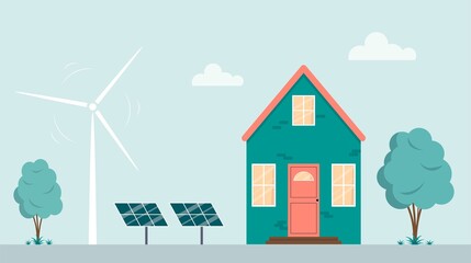 House facade with solar panels and wind turbine. Eco house on the background of the landscape. Solar and wind power. Green energy, ecology. Vector illustration in flat cartoon style.
