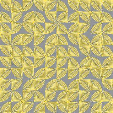 Vector leaves truchet geometric seamless pattern background. Yellow grey abstract backdrop with random tiled leaf veined shapes in monoprint block style. Modern botanical textural all over print.