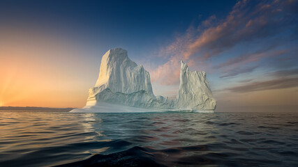 Fototapeta na wymiar floating glaciers in the rays of the setting sun during a polar night