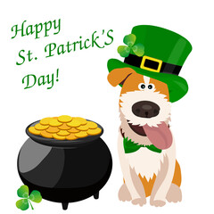 Cute pug dog in leprechaun costume with pot of gold. Happy St. Patrick's Day. Pets, St. Patrick's Day holiday, Irish folklore theme banner, greeting card.