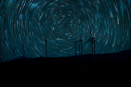 The stars night of startails over of Wind turbines at Khao Kho District, Phetchabun Thailand.