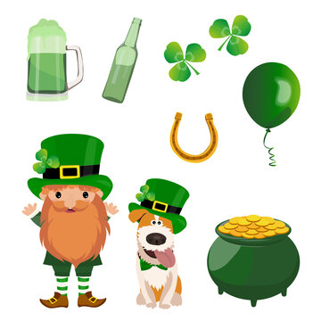 Set of illustrations for celebrating St. Patrick's Day. Leprechaun, dog, pot of gold, clover.