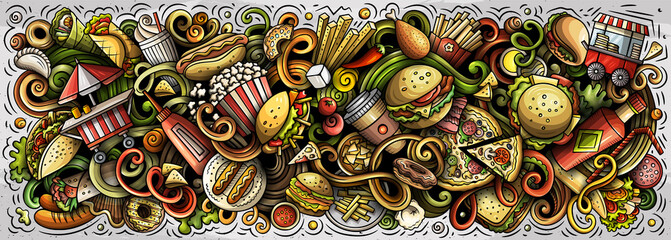 Fastfood hand drawn cartoon doodles illustration. Colorful raster banner