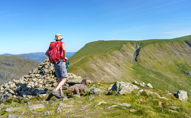 A female hiker and their dog walking from the mountain summit of