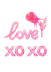 Valentines day decorations. Title with balloons and rose. Watercolor hand drawn pink elements design. Can be used as print, postcard, invitation, greeting card, packaging design, textile, stickers.
