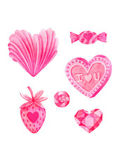 Valentines day decorations. Hearts, flowers, title, sweets. Watercolor hand drawn pink elements design. Can be used as print, postcard, invitation, greeting card, packaging design, textile, stickers.